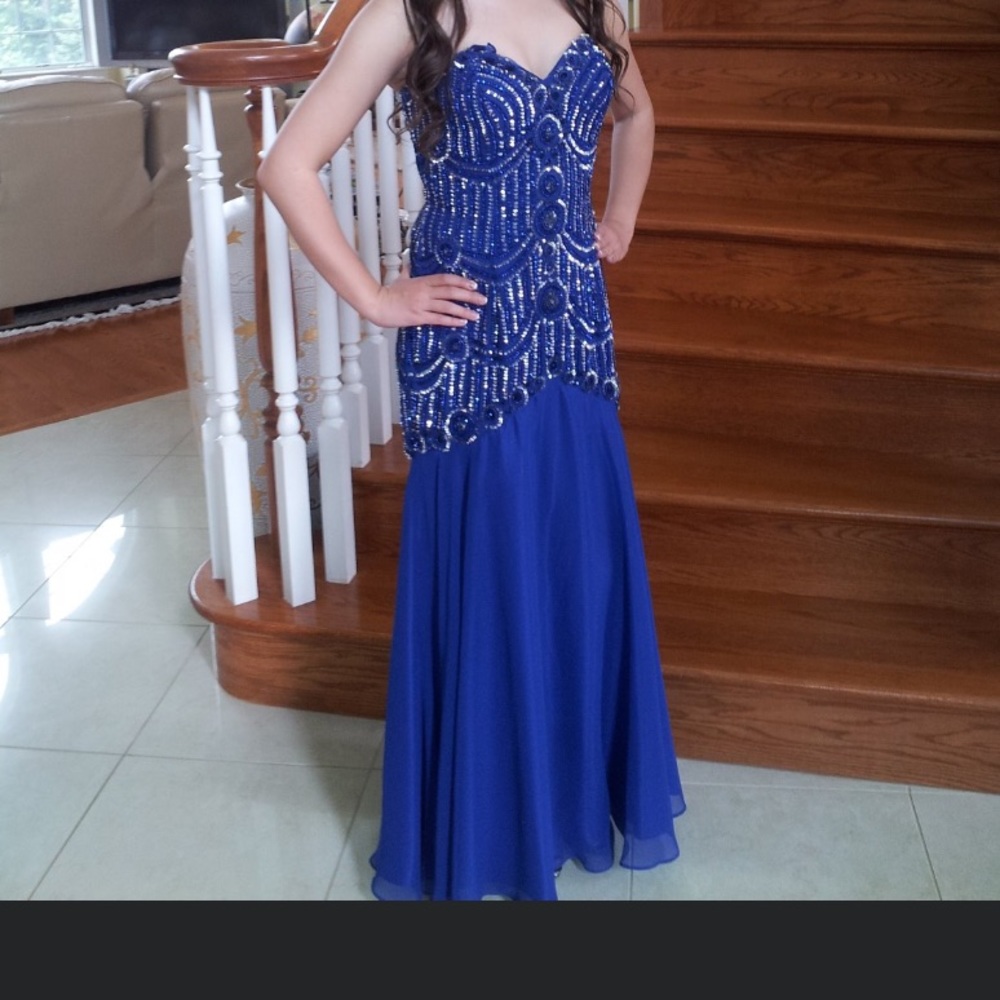 Camille La Vie Royal Blue Beaded Prom Dress